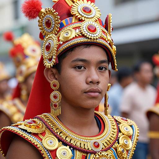 Photograph of a young Southeast Asian boy in ornate traditional gold and red ceremonial attire with intricate jewelry, standing outdoors among blurred crowd.