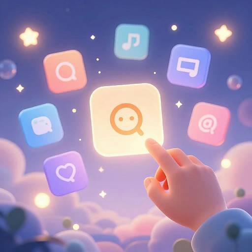 Digital illustration of a hand pointing at glowing app icons floating in a dreamy, cloudy blue sky with stars. Icons include search, share, and heart