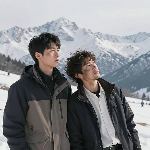 Two Men in a Snowy Mountain Scene