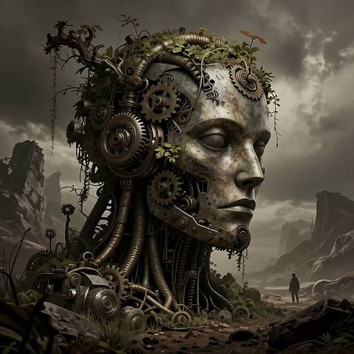 Digital art of a steampunk, mechanical head with gears, wires, and foliage, looming over a desolate, cloudy landscape with a small figure