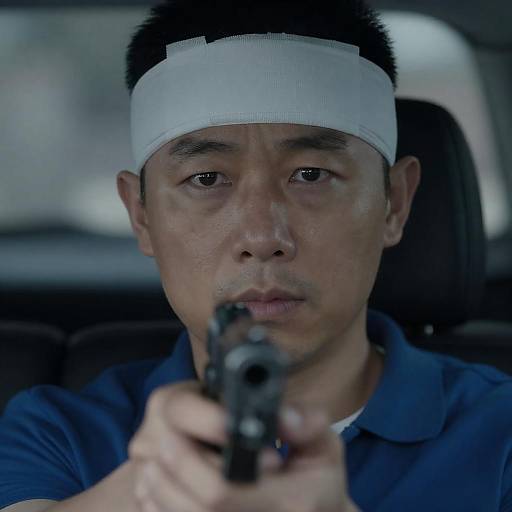 Injured man aiming gun inside car