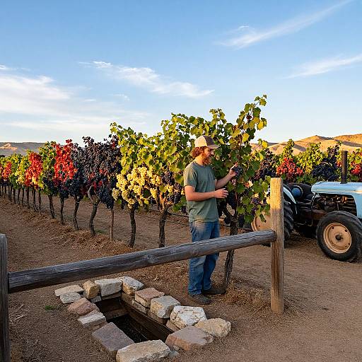 Photograph of a farmer in a green shirt and beige hat inspecting grapevines with a tractor in a sunlit vineyard.
