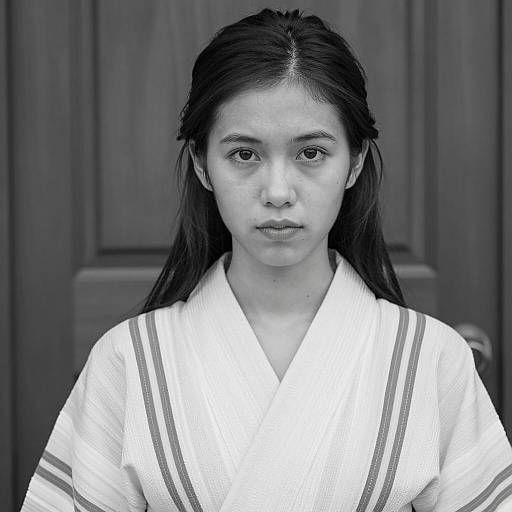 Serious Young Woman in Striped Kimono