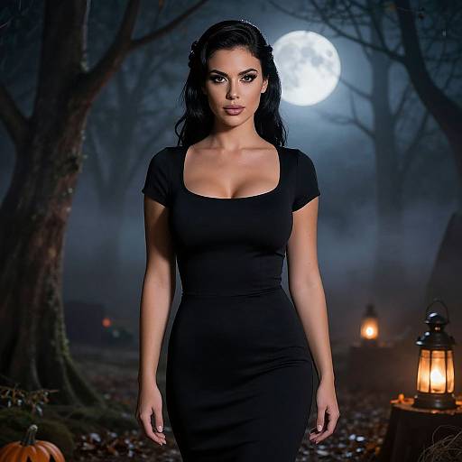 Photograph of a dark-haired woman in a tight black dress, standing in a foggy, moonlit forest with lanterns and pumpkins.
