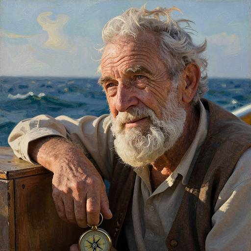 Photograph of an elderly, white-bearded man with curly white hair, wearing a beige shirt and brown vest, leaning on a wooden box with a