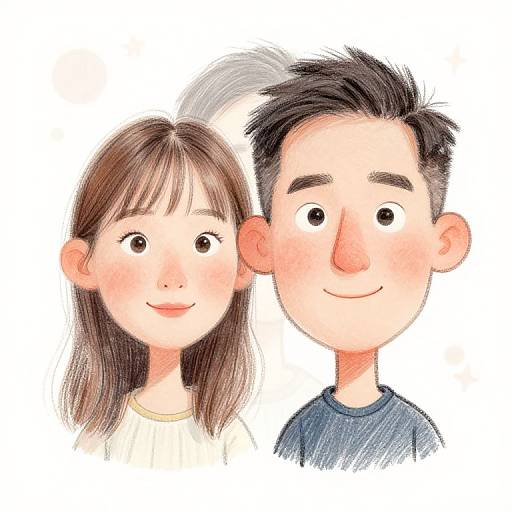 Digital drawing of a smiling Asian couple with light skin, brown hair, and black hair, wearing white and blue shirts.