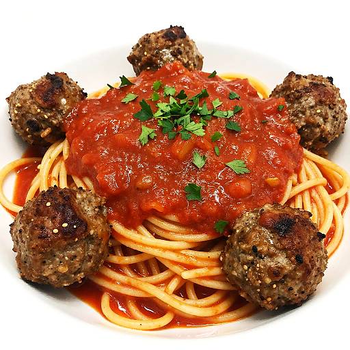 Photograph of spaghetti topped with chunky tomato sauce, garnished with parsley, and surrounded by six crispy meatballs.