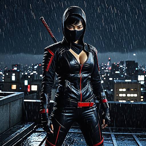 Stealthy Ninja in Rainy Urban Rooftop