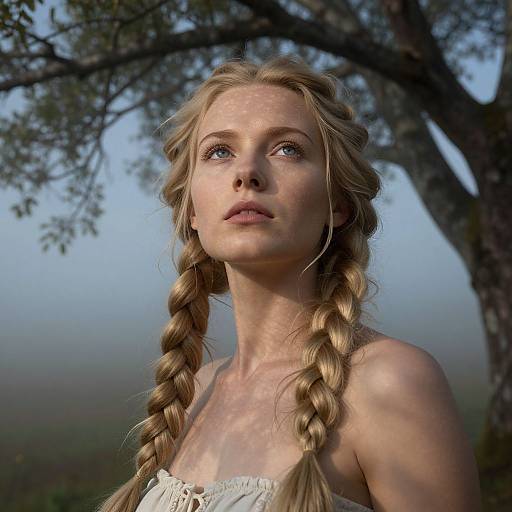 Photograph of a blonde woman with braided hair, fair skin, and blue eyes, wearing a white lace top, outdoors under a tree.