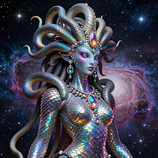 Digital art of a blue-skinned, serpent-haired mermaid queen with shimmering scales, colorful gemstones, and an ethereal cosmic background.