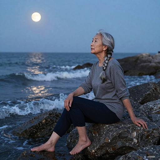 Silver-Braided Woman on Moonlit Shore