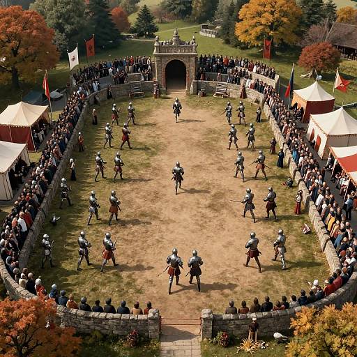 Photograph of a medieval jousting tournament: armored knights on horseback in a grassy arena, surrounded by spectators, colorful tents, and autumn