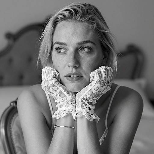 Blonde Woman in Lace Gloves Resting Chin