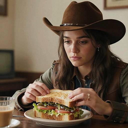 Photograph of a young woman with long brown hair, wearing a brown cowboy hat and denim jacket, assembling a sandwich at a wooden table with a glass