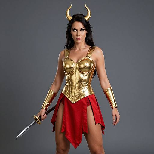 CGI image of a muscular woman with black hair, golden horns, gold armor, red skirt, and gold armlets, holding a sword, against