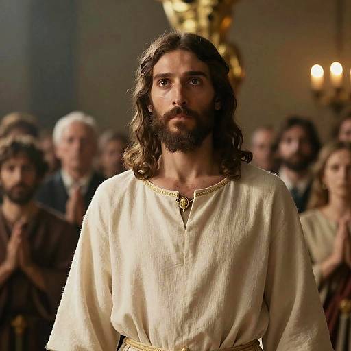 Man Resembling Jesus Standing in Prayerful Gathering
