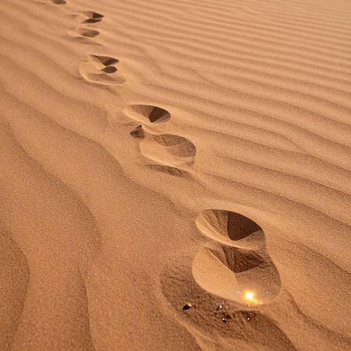 Photograph of a sand dune with a series of shadowed footprints curving diagonally from bottom left to top right, under golden sunlight.