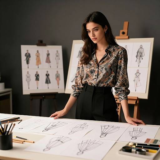 Photograph of a brunette woman in a patterned blouse and black skirt, standing at a drawing table, surrounded by fashion sketches on easels and drawing