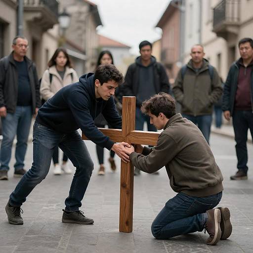 Two Men Handling Wooden Cross on City Street