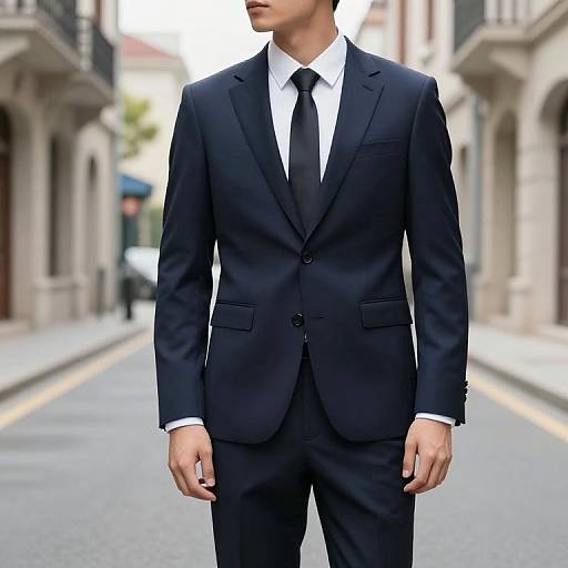 Photograph of a man in a crisp black suit, white shirt, and black tie, standing on a narrow, sunlit city street.