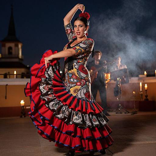 Photograph of a Flamenco dancer in a vibrant red and black floral dress, mid-spin, against a smoky night backdrop with musicians and candles.
