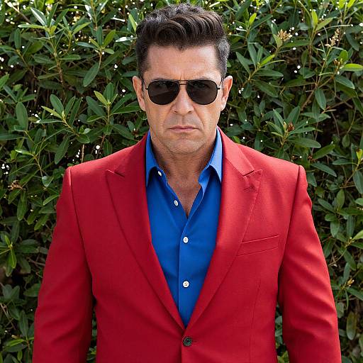 Photograph of a middle-aged man with slicked-back black hair, wearing black sunglasses, a bright red blazer, and blue shirt, standing in