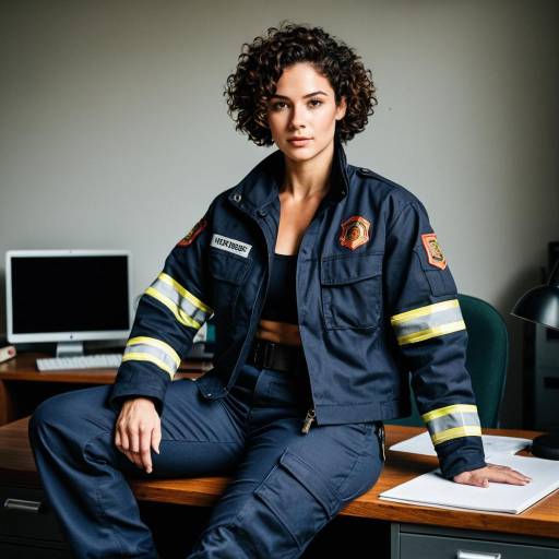 Confident Female Firefighter in Uniform Sitting on Desk