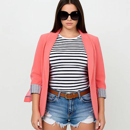 Photograph of a woman with long black hair, wearing large black sunglasses, a coral blazer, black-and-white striped shirt, blue denim shorts with