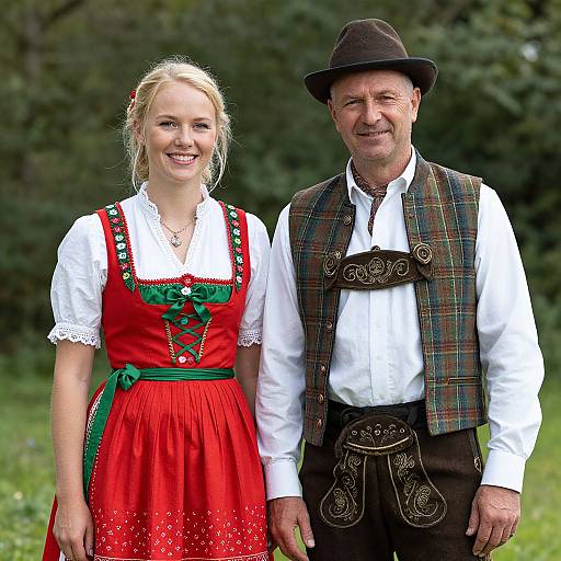 Photograph of a smiling blonde woman in a red Bavarian dress and a middle-aged man in traditional Scottish kilt and plaid vest, standing outdoors