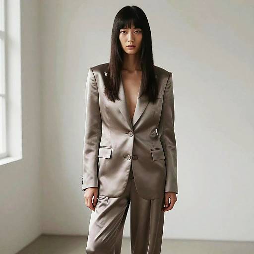 Non-binary Model in Silk Blazer and Wide-Leg Trousers