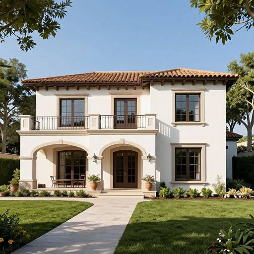 Photograph of a two-story, white stucco Mediterranean-style house with red-tiled roof, black railings, arched entryway, and