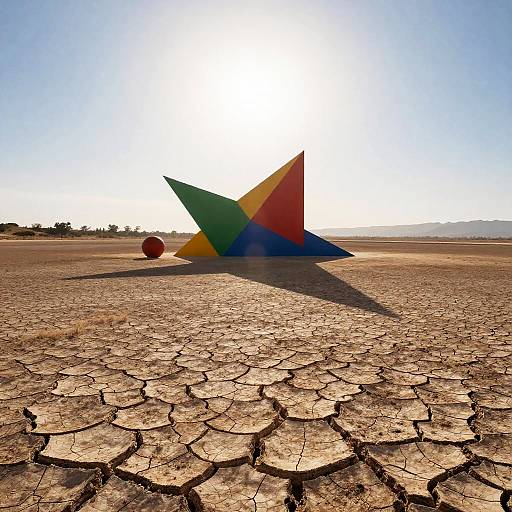 Photograph of a colorful, geometric star-shaped sculpture casting a shadow on a cracked, sunlit desert ground with a red ball nearby.