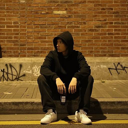 Photograph of a young man with light skin, wearing a black hoodie and pants, white sneakers, sitting on a brick sidewalk at night, hands resting