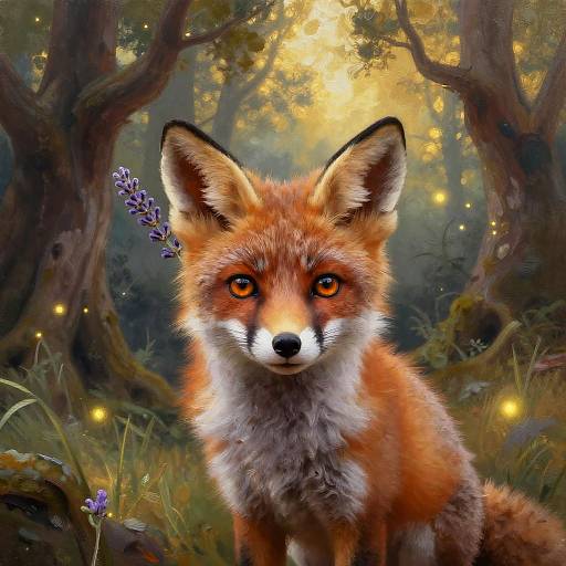 Digital painting of a vibrant red fox with piercing orange eyes, surrounded by a magical forest with glowing fireflies and lavender flowers.