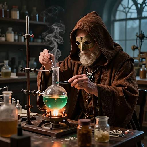 Photograph of a hooded alchemist with a bearded, masked face, mixing green liquid in a glass flask over a candle flame in a dim