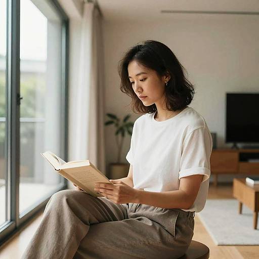 Photograph of an Asian woman with shoulder-length black hair, wearing a white t-shirt and gray pants, reading a book by a sunlit window in