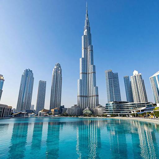 Photograph of Dubai skyline featuring Burj Khalifa, surrounded by tall skyscrapers, reflecting in a calm blue waterfront pool under clear sky.
