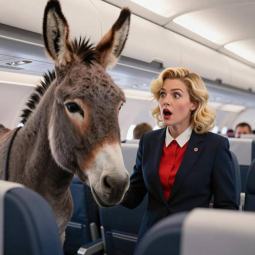 Surprised Woman with Donkey in Airplane