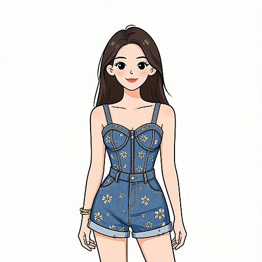 Digital anime-style drawing of a smiling Asian woman with long black hair, wearing a blue floral denim romper and bracelets.