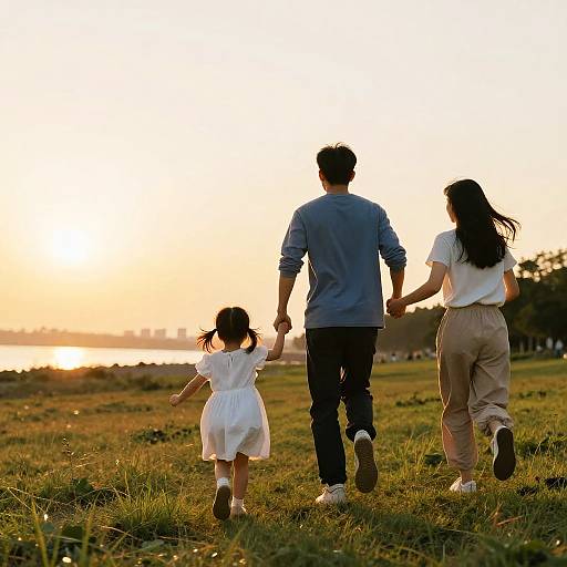 Family of Three Running at Sunset