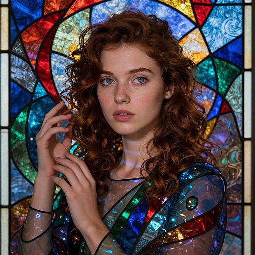 Photograph of a fair-skinned, red-haired woman with blue eyes, wearing a shimmering, multicolored top, standing in front of a