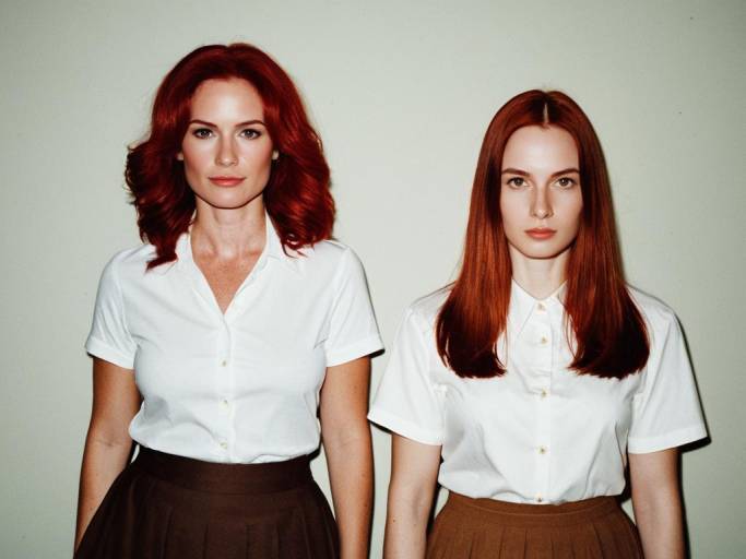 Two Women with Red Hair in White Shirts and Brown Skirts