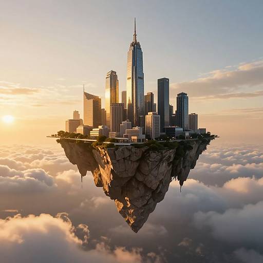 Photorealistic CGI of a floating cityscape at sunset, featuring tall skyscrapers on a rocky, cloud-covered island in the sky.