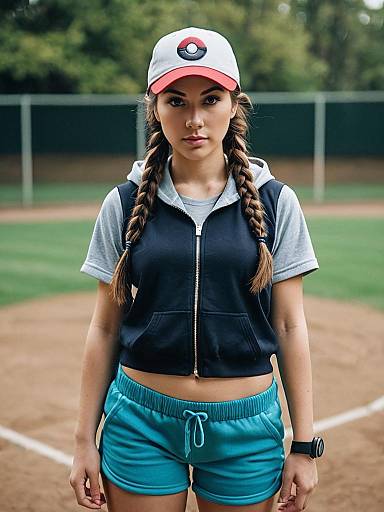 Young Woman in Pokemon Trainer Outfit Outdoors