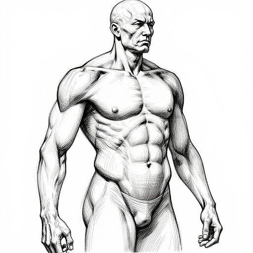 Ink-style black and white drawing of a muscular, bald, nude male with defined abs, standing confidently, looking to the side.