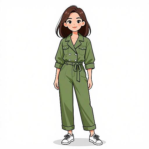 Smiling Woman in Olive Green Jumpsuit