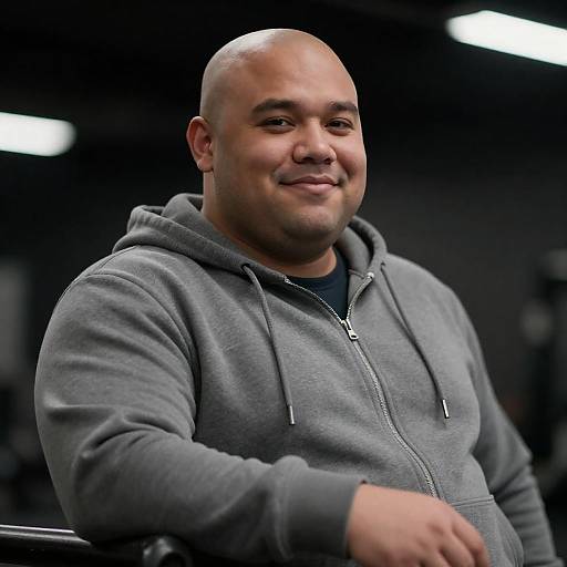 Smiling Bald Man in Gray Hoodie