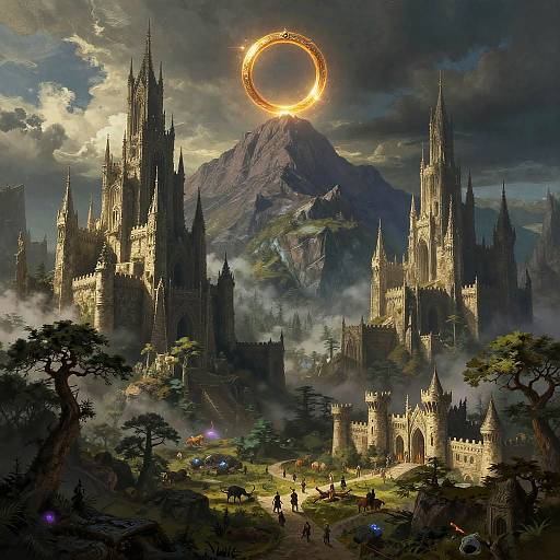 Digital fantasy artwork of a grand, illuminated castle city beneath a mountain with a glowing sun halo, surrounded by mist and small figures.