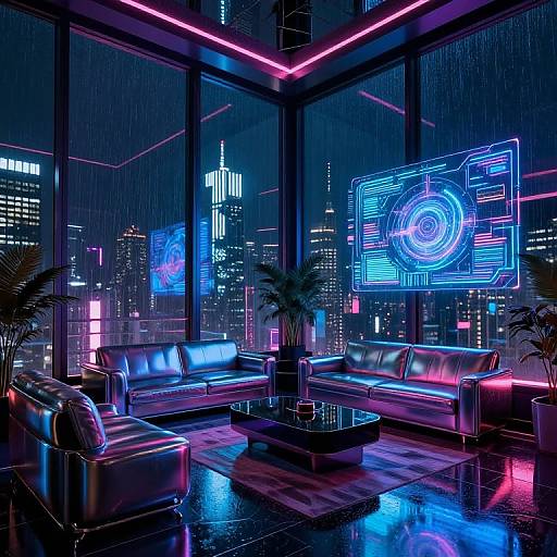 Neon-lit, futuristic living room with rain on glass, city skyline view, glowing blue and pink holographic screen, sleek black leather sofas,