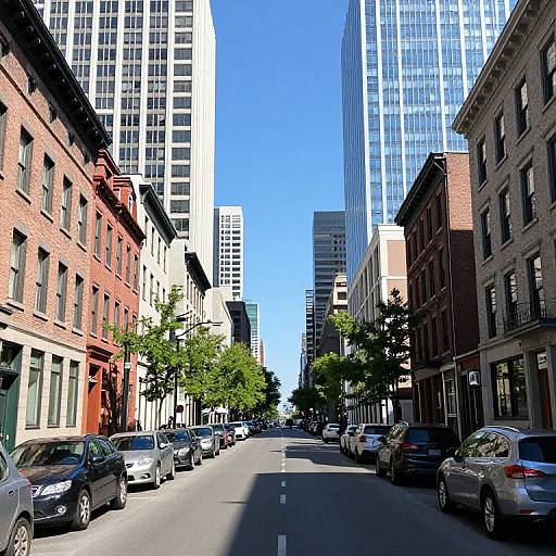 Photograph of a sunlit urban street flanked by red-brick and modern glass buildings, with parked cars lining both sides.